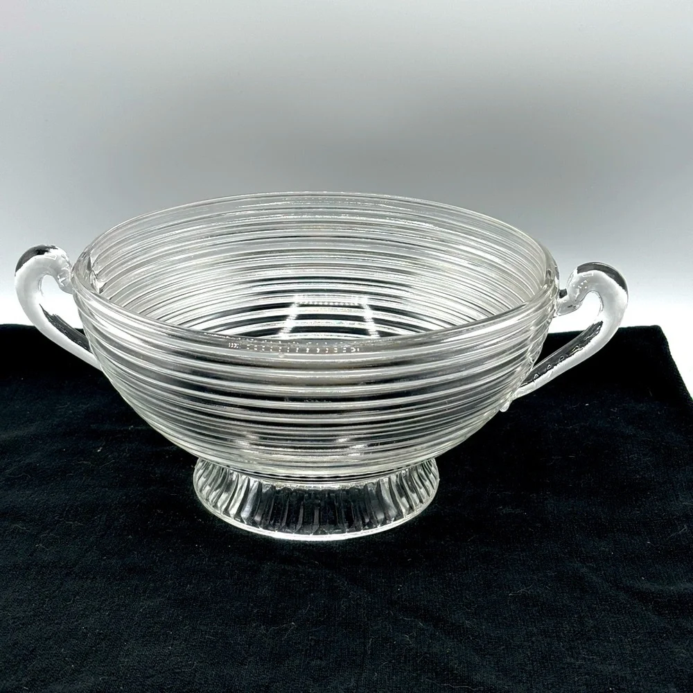 1930s Anchor Hocking Manhattan clear pedestal glass bowl 2 handles 5